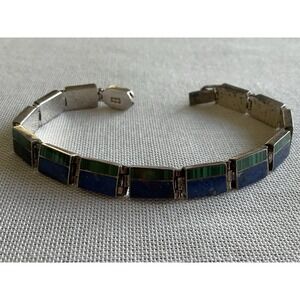 925 Sterling Silver Malachite & Lapis Tennis Bracelet Vintage Estate Jewelry
